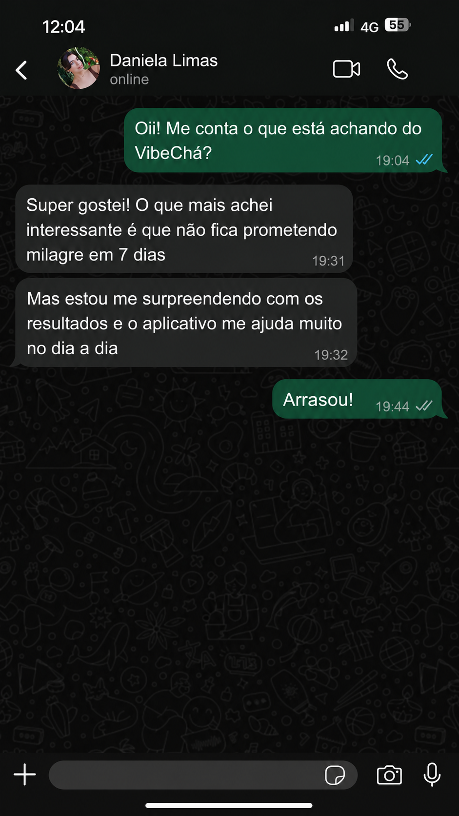 Conversa de Daniela Limas sobre sua experiência com o VibeChá